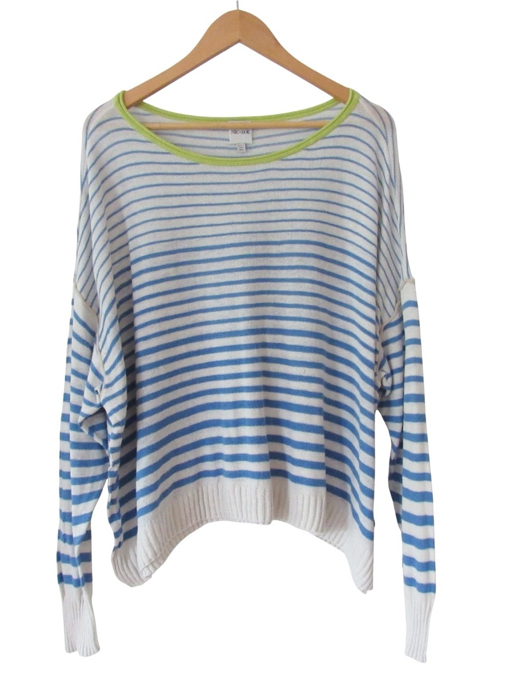 Nic Zoe Striped Up Supersoft Sweater 2X Blue White Raglan Sleeves Stretch Knit